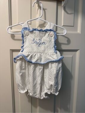 “Sofia” Embroidered White and Light Blue Polka Dot Baby One-Piece- Smockingbird